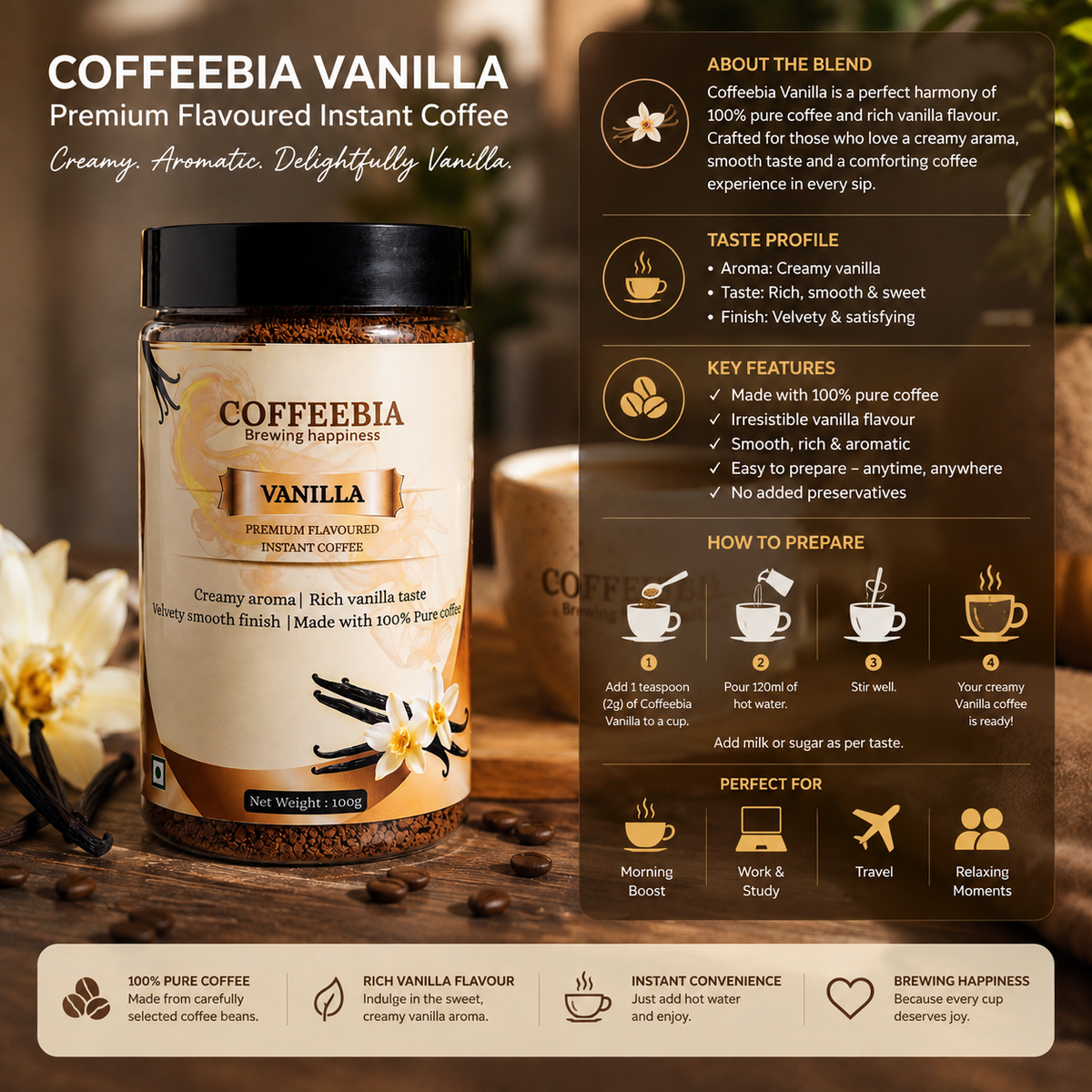Coffeebia Vannila Flavour Instant Coffee (100g)