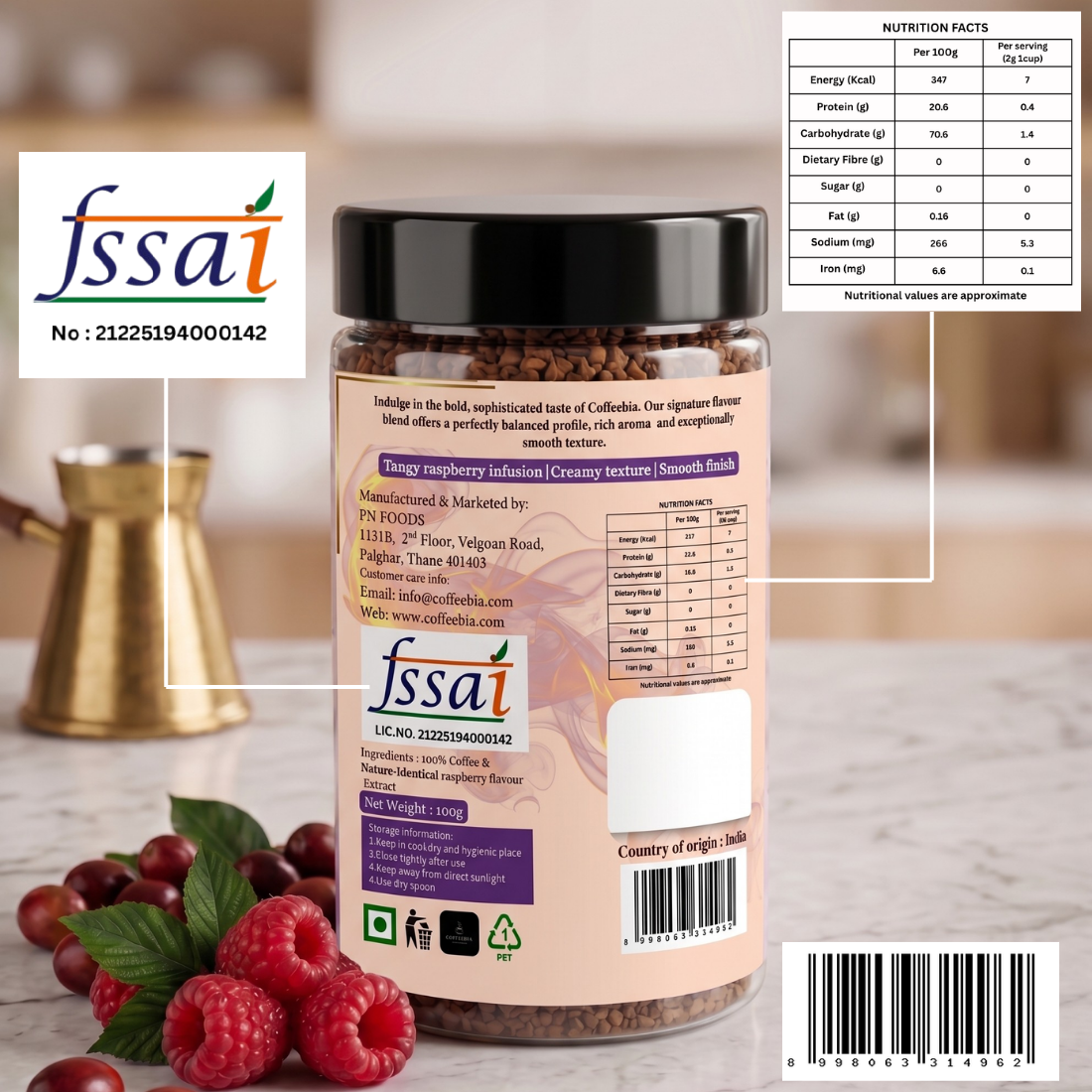 Coffeebia Raspberry Flavour Instant Coffee (100g)